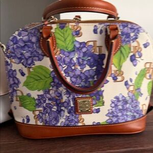 Dooney & Bourke Purple Floral Satchel with Brown Trim